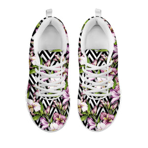 Purple Alstroemeria Zigzag Pattern Print White Running Shoes