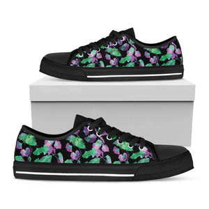 Purple And Green Leaf Pattern Print Black Low Top Sneakers