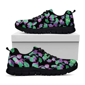 Purple And Green Leaf Pattern Print Black Running Shoes