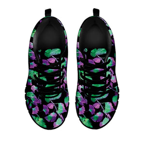 Purple And Green Leaf Pattern Print Black Running Shoes