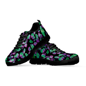 Purple And Green Leaf Pattern Print Black Running Shoes