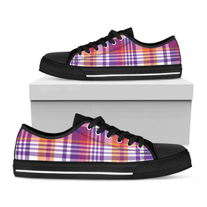 Purple And Orange Madras Plaid Print Black Low Top Sneakers