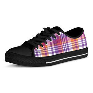 Purple And Orange Madras Plaid Print Black Low Top Sneakers