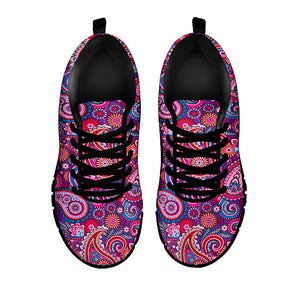 Purple And Pink Paisley Pattern Print Black Running Shoes