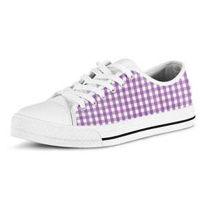 Purple And White Check Pattern Print White Low Top Sneakers