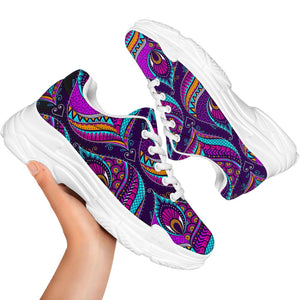 Purple Bohemian Peacock Feather Print White Chunky Shoes