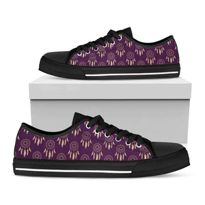Purple Boho Dream Catcher Pattern Print Black Low Top Sneakers