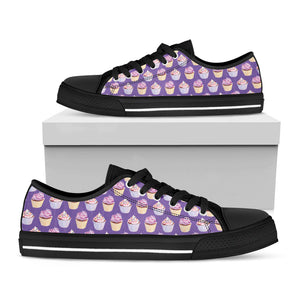 Purple Cupcake Pattern Print Black Low Top Sneakers