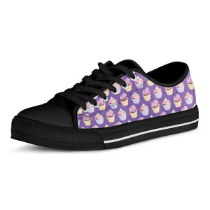 Purple Cupcake Pattern Print Black Low Top Sneakers