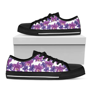 Purple Orchid Flower Pattern Print Black Low Top Sneakers