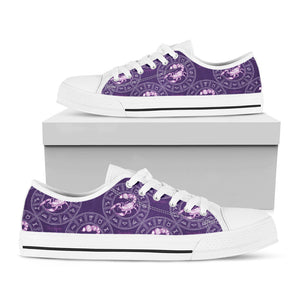 Purple Scorpio Zodiac Pattern Print White Low Top Sneakers