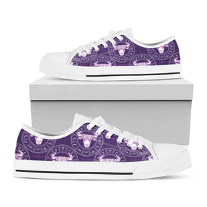 Purple Taurus Zodiac Pattern Print White Low Top Sneakers