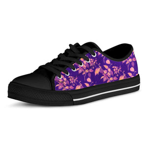 Purple Tropical Hawaiian Pattern Print Black Low Top Sneakers