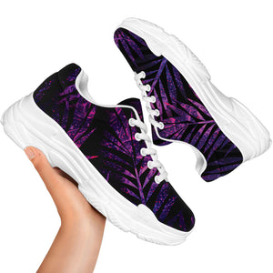 Purple Tropical Leaves Print White Chunky Shoes