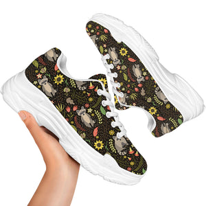 Raccoon And Floral Pattern Print White Chunky Shoes