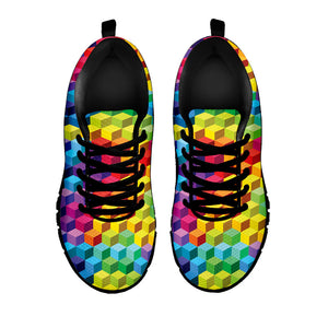 Rainbow Cubes Pattern Print Black Running Shoes