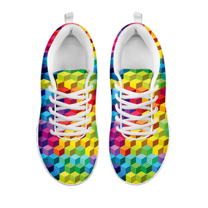 Rainbow Cubes Pattern Print White Running Shoes