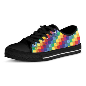 Rainbow Patchwork Pattern Print Black Low Top Sneakers