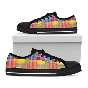 Rainbow Plaid Pattern Print Black Low Top Sneakers
