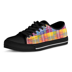 Rainbow Plaid Pattern Print Black Low Top Sneakers
