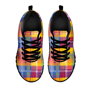 Rainbow Plaid Pattern Print Black Running Shoes