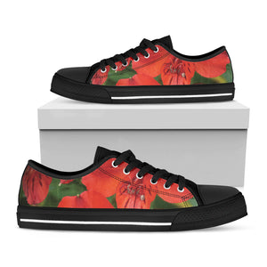 Red Alstroemeria Print Black Low Top Sneakers
