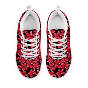 Red And Black Frangipani Pattern Print White Running Shoes