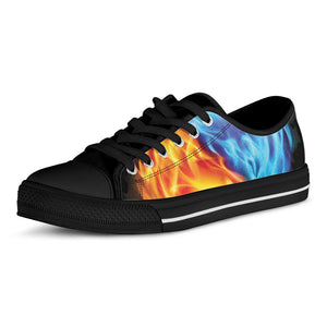 Red And Blue Fire Yin Yang Print Black Low Top Sneakers