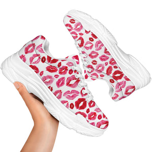 Red And Pink Lips Pattern Print White Chunky Shoes