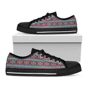 Red And Teal Southwestern Pattern Print Black Low Top Sneakers