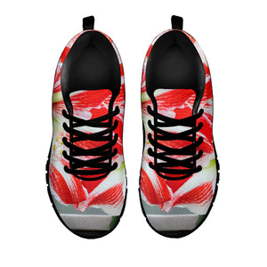 Red And White Amaryllis Print Black Running Shoes
