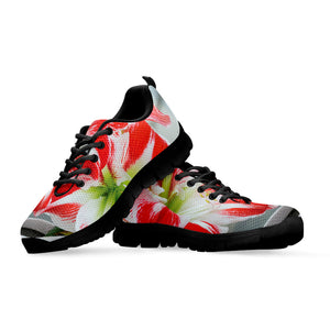 Red And White Amaryllis Print Black Running Shoes