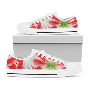 Red And White Amaryllis Print White Low Top Sneakers