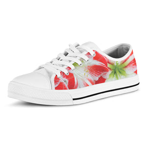 Red And White Amaryllis Print White Low Top Sneakers