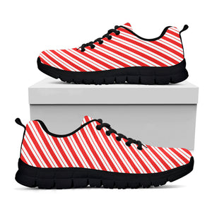 Red And White Candy Cane Stripes Print Black Running Shoes