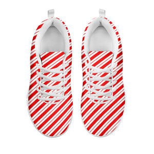 Red And White Candy Cane Stripes Print White Running Shoes