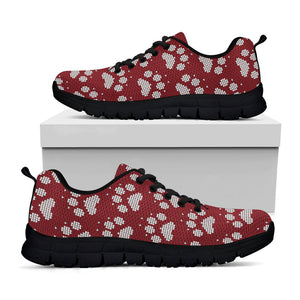 Red And White Paw Knitted Pattern Print Black Running Shoes
