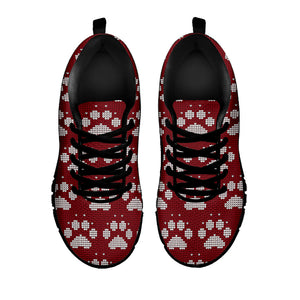 Red And White Paw Knitted Pattern Print Black Running Shoes