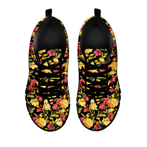 Red And Yellow Flowers Print Black Running Shoes