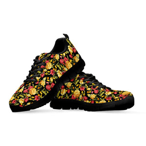 Red And Yellow Flowers Print Black Running Shoes