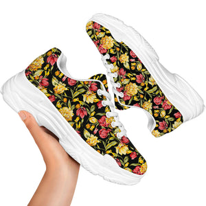Red And Yellow Flowers Print White Chunky Shoes