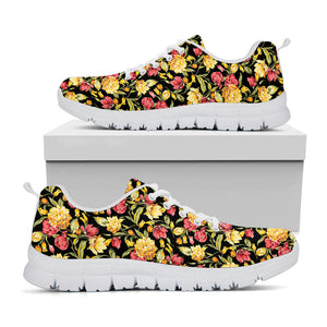 Red And Yellow Flowers Print White Running Shoes