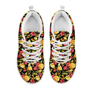 Red And Yellow Flowers Print White Running Shoes