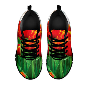Red And Yellow Tulip Print Black Running Shoes