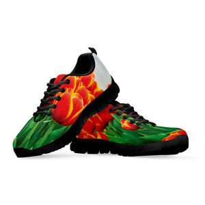 Red And Yellow Tulip Print Black Running Shoes