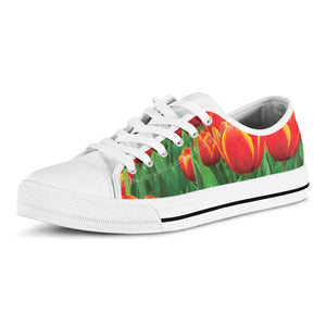 Red And Yellow Tulip Print White Low Top Sneakers