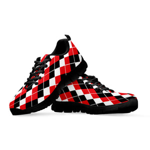 Red Black And White Argyle Print Black Running Shoes