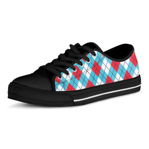 Red Blue And White Argyle Pattern Print Black Low Top Sneakers