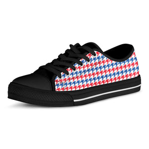 Red Blue And White Houndstooth Print Black Low Top Sneakers