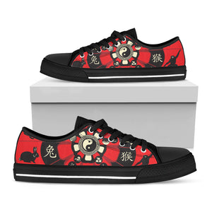 Red Chinese Zodiac Wheel Print Black Low Top Sneakers
